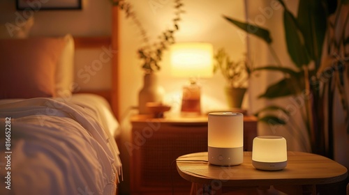 Sleep Monitor Setup Enhancing Peaceful Nighttime Atmosphere on Bedside Table with Cozy Modern Bedroom Design Elements