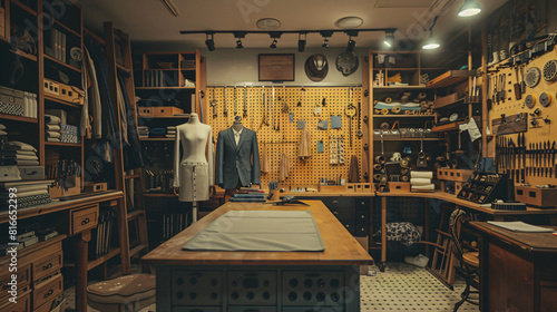 Interior of atelier with tailors workplace pegboard 