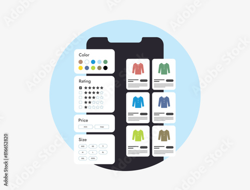 Ecommerce Product Filters - help customers sort offerings by attributes, easing search and boosting sales. Price, rating, color, sizes and other thematic filters in marketplaces and online shops