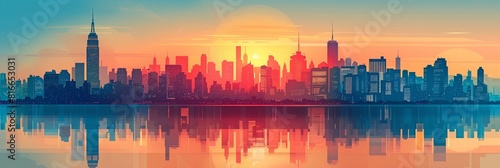 Wide abstract city skyline panorama at sunset