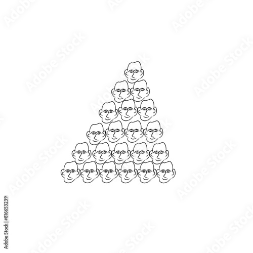 abstract christmas tree. Pyramid of human face isolated on white background. Geometry of number of group concept. Teamwork organization to achievement. 
