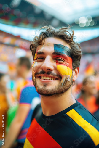 German soccer fan man with national flag of german painted on his face. Celebrating crowd in a stadium. Cheering during a match in stadium