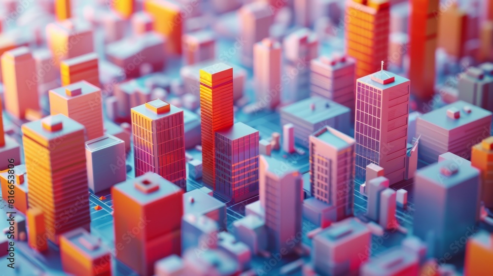 City built on grid system with tall buildings and wide roads. The colors of the buildings are pink, orange and blue. City built on grid system with tall buildings and wide roads. The colors of the buildings are pink, orange and blue.