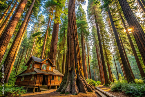 Tall, majestic redwood trees tower over a cozy cabin nestled in the heart of a dense forest. photo