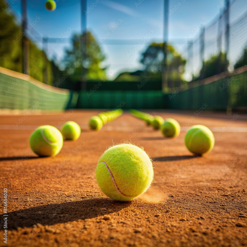 Tennis balls rolling on the court, leaving traces of movement and action during a competitive game.
