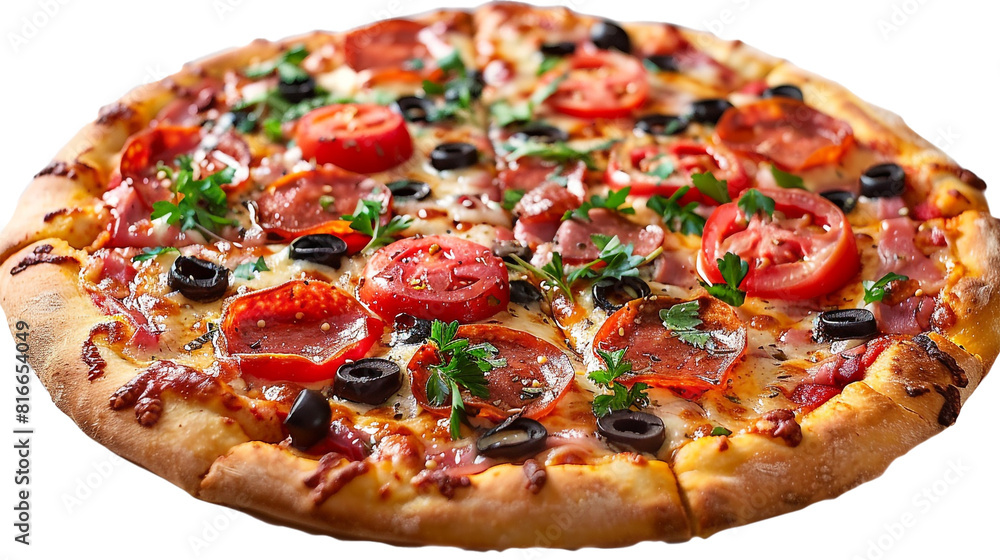 A pizza with a mix of colorful toppings isolated on transparent background, png file
