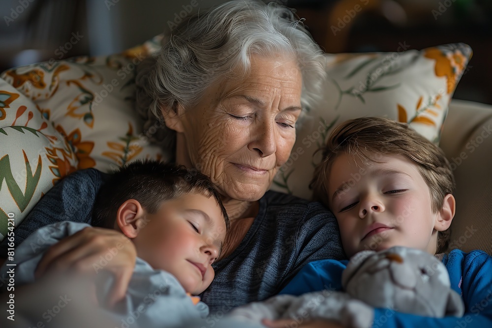 A grandma and her two grandsons are peacefully asleep on a couch in a cozy living room A grandma and her two grandsons are peacefully asleep on a couch in a cozy living room