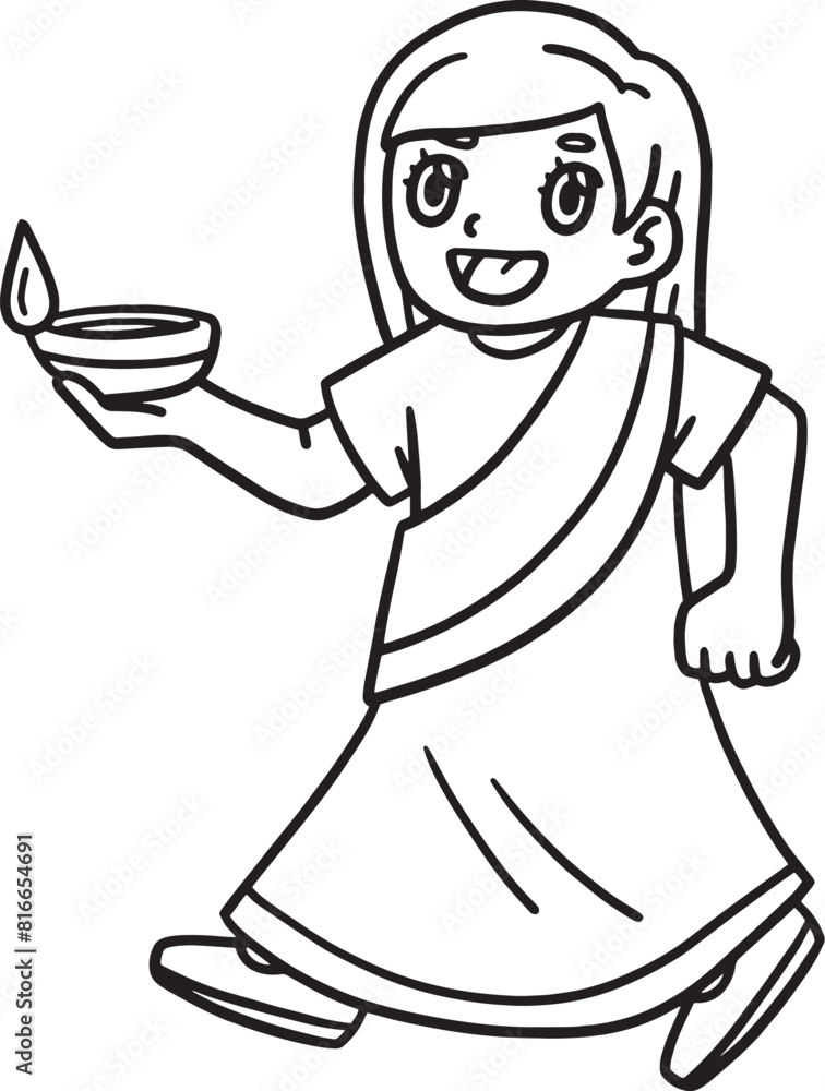 Diwali Child with Candles Isolated Coloring Page Diwali Child with Candles Isolated Coloring Page