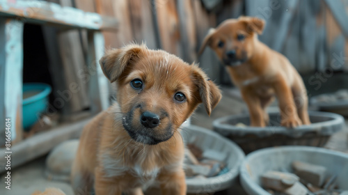 Two Brown Puppies Standing in Front of Pile of Dirt