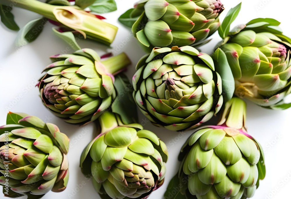 Obraz premium A top-down view of fresh artichokes on a white background