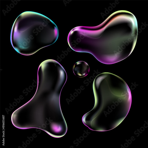Realistic transparent soap bubbles on black background set.Liquid flowing 3D abstract shapes,trendy elements for any design.Glowing iridescent bubble of different shapes .Vector illustration