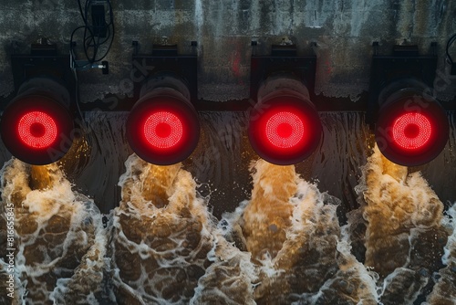 Four large pipes with red lights are dumping water into a river.