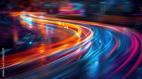 colorful long exposure background of traffic moving light of speed transportation cars on a road.
