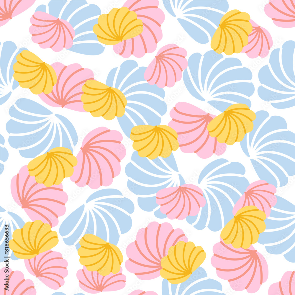 Bright summer vector seamless pattern with pink, blue and yellow hand-drawn shells on a white background. Marine motifs for your design Bright summer vector seamless pattern with pink, blue and yellow hand-drawn shells on a white background. Marine motifs for your design
