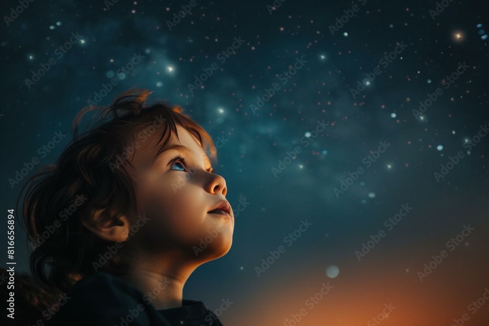 Young child looks up in awe at a vast, starfilled night sky, embracing ...