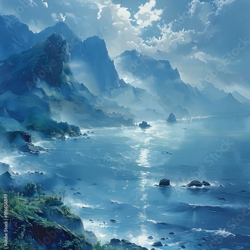 Majestic Mountainous Seascape with Ethereal Ambiance