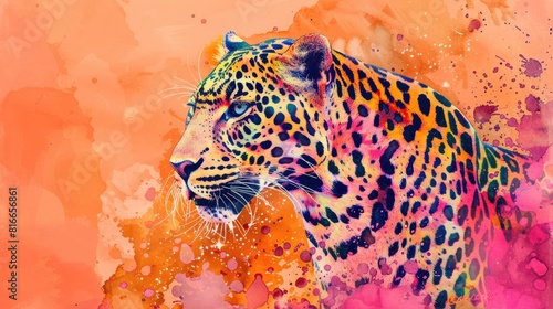 Animal Inspired Watercolor Art Print with Orange Background and Pink Leopard and Tie Dye Pattern photo