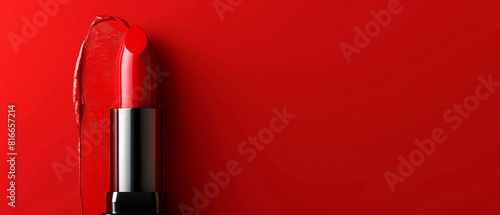 Lipsticks cosmetics beauty makeup product concept  mock up - Red lipstick  isolated on red background..