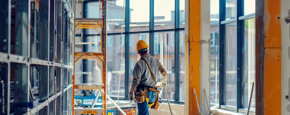 A construction worker wearing a hard hat and safety vest stands in a building under construction. He is looking out the window, contemplating the city skyline. A construction worker wearing a hard hat and safety vest stands in a building under construction. He is looking out the window, contemplating the city skyline.