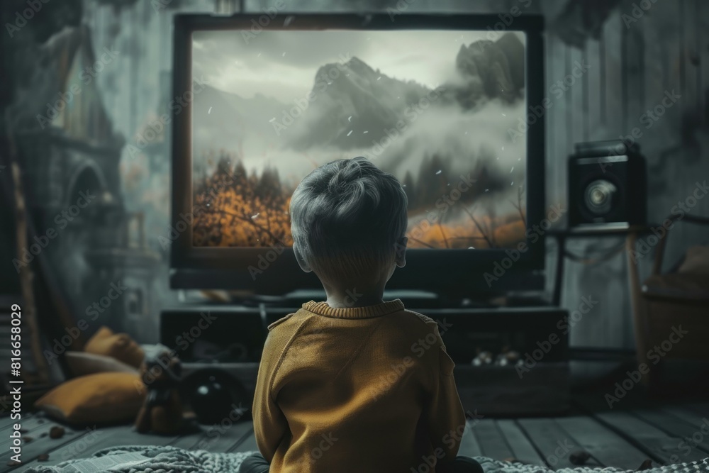 Back view of a young boy engaged in watching a captivating adventure movie on television in a cozy room Back view of a young boy engaged in watching a captivating adventure movie on television in a cozy room