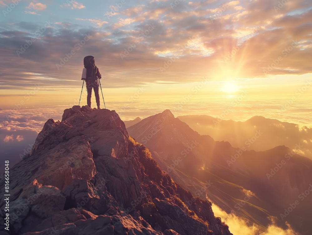 A lone hiker stands on a mountain peak, gazing at the sunrise. The scene captures the beauty of nature, adventure, and the sense of achievement.