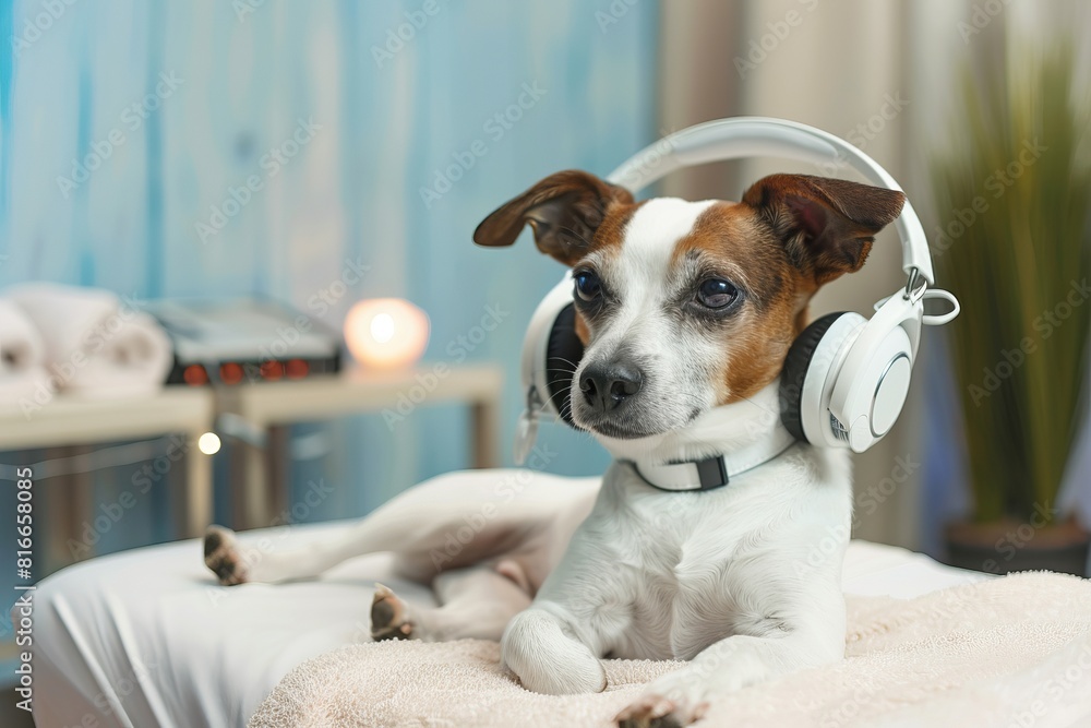 A cute dog wearing headphones is relaxing on a massage table. A cute dog wearing headphones is relaxing on a massage table.