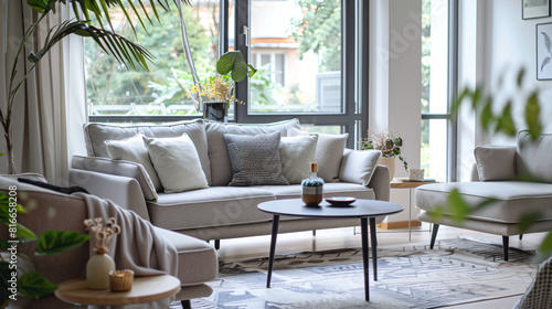 Interior of light living room with grey sofas and coffee table