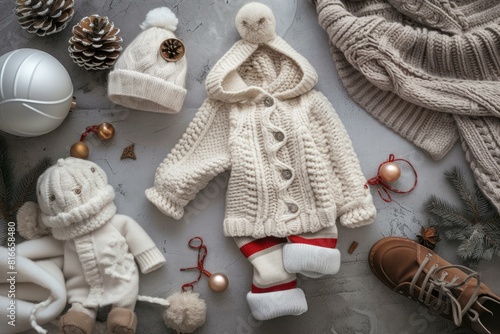 Top view of baby winter clothing and christmas decorations on a textured background photo