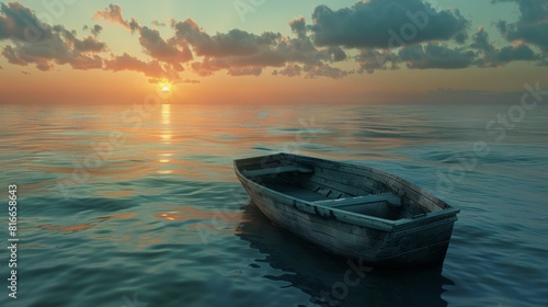 Old wooden boat on calm waters during a tranquil sunrise, reflecting clouds in the water.