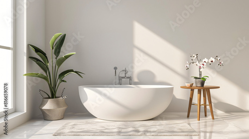 Interior of light room with modern bathtub and table white