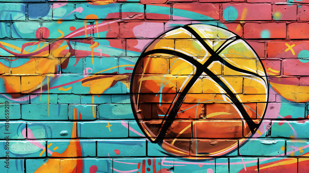 Fototapeta premium Pop art comic street graffiti with basketball on brick wall. Retro poster concept. Basketball tournament background