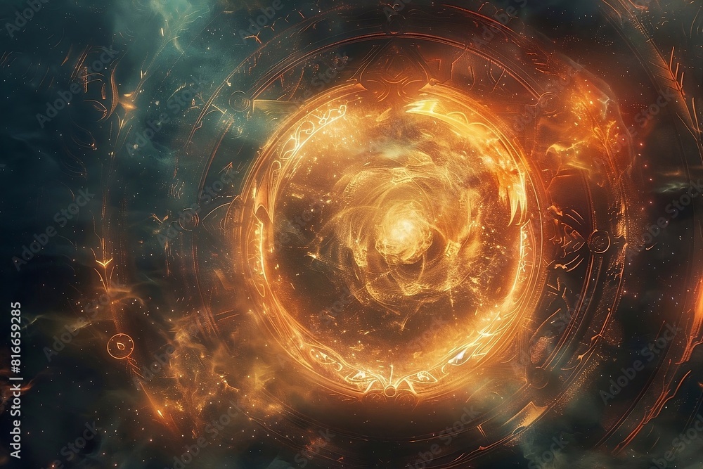 A mystical fire portal opening into another realm surrounded by glowing runes and whirlwinds of energy.