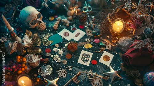 A composition with Tarot cards surrounded by objects corresponding to their symbols, such as stars, moon, keys, skull and others.