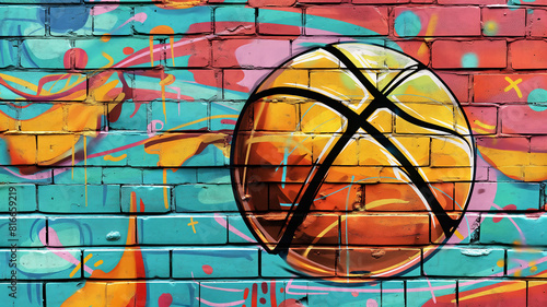Pop art comic street graffiti with basketball on brick wall. Retro poster concept. Basketball tournament background