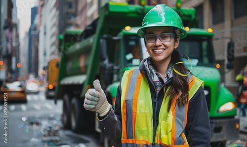 a smiling young woman wearing a green hard hat and a reflective safety vest while giving a thumbs up gesture on a city street with a green truck parked in the background.