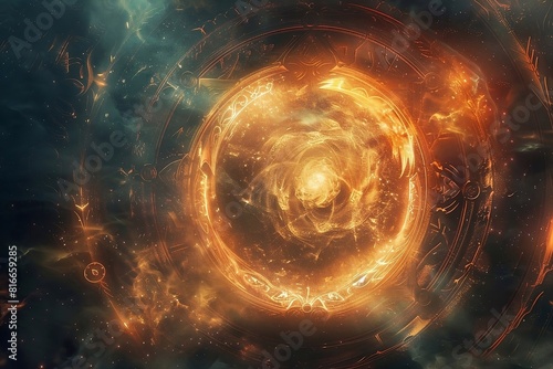 A mystical fire portal opening into another realm surrounded by glowing runes and whirlwinds of energy. photo