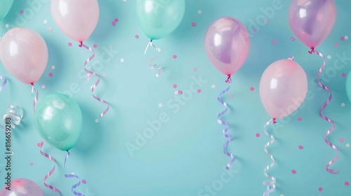 Light blue background with pink and green and purple balloons. A bunch of festive balloons in pastel colors on a delicate background. A wide-angle festive web banner with copy space for birthday.