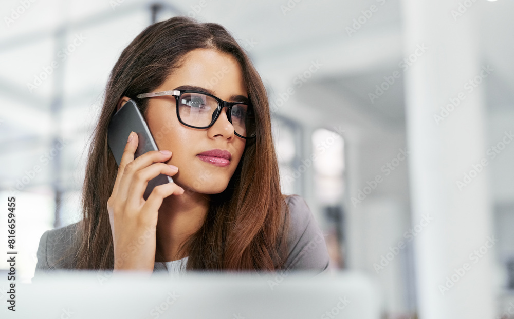 Business, girl and thinking with phone call in office for feedback or reviews, appointments and sales negotiation. Woman, smartphone and conversation in workplace for project updates and information. Business, girl and thinking with phone call in office for feedback or reviews, appointments and sales negotiation. Woman, smartphone and conversation in workplace for project updates and information.