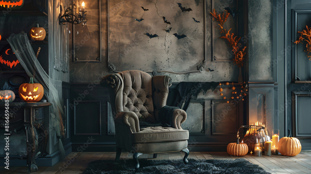 Interior of living room decorated for Halloween 