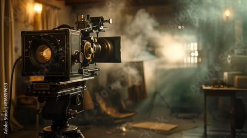  A classic cinema camera positioned in a vintage workshop setting, highlighting its detailed construction.