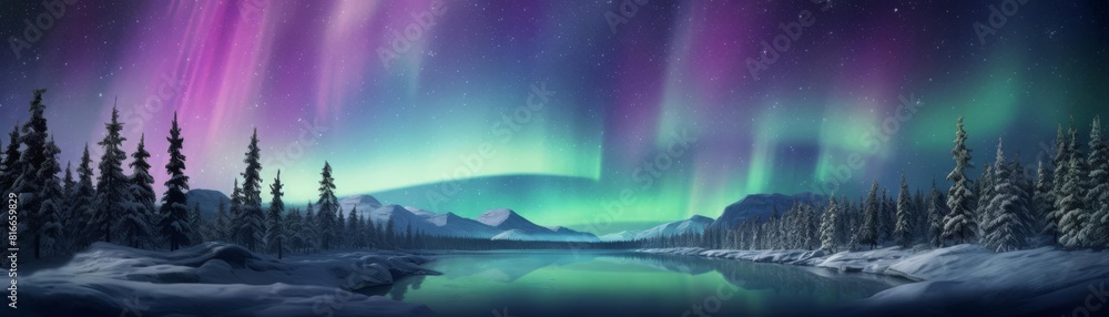 a beautiful winter landscape with a aurora in the night sky.