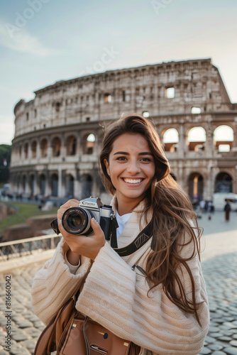 Young cheerful tourist having great time sightseeing in Rome on sunny summer evening.