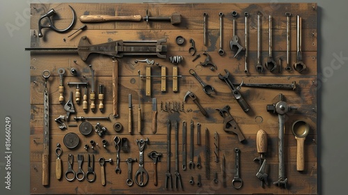 A large wooden board with many tools - 