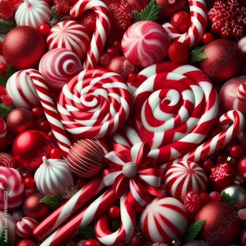 An assortment of red and white candy canes and Christmas baubles, embodying the spirit of holiday sweetness.. AI Generation