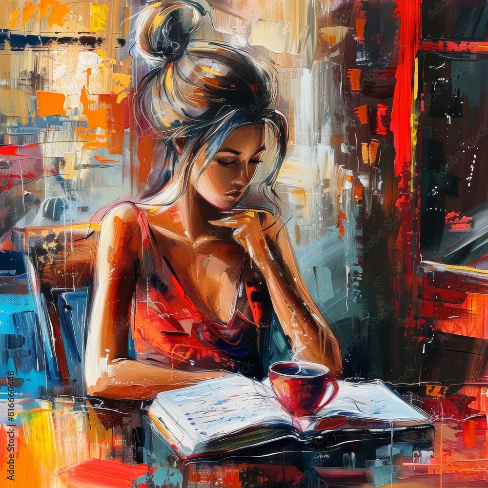 A girl sits at a table, reading a book and holding a cup of coffee, with a calm expression. A girl sits at a table, reading a book and holding a cup of coffee, with a calm expression.