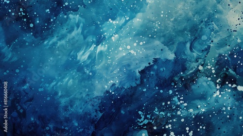 Blue Grungy Art Background with Aquarelle Texture and Acid Splash Elements photo