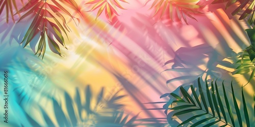 Joyful summer background with vivid exotic leaves casting colorful shadows on pastel background. © MNStudio