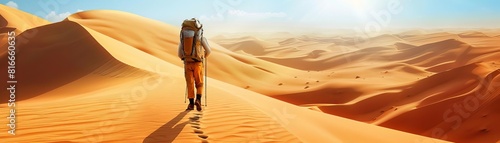 Lone traveler with a large backpack trekking across vast desert dunes under a scorching sun  vivid style