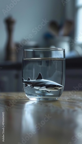 Wallpaper Mural Miniature shark swimming in a glass of water on a kitchen table, emphasizing surrealism, vivid style Torontodigital.ca