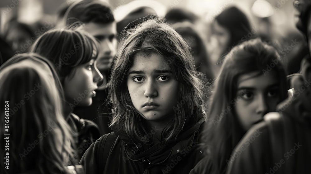 Fototapeta premium Teenager feeling isolated in a crowd, the focus on their introspective sadness amid the bustle, highspeed macro style